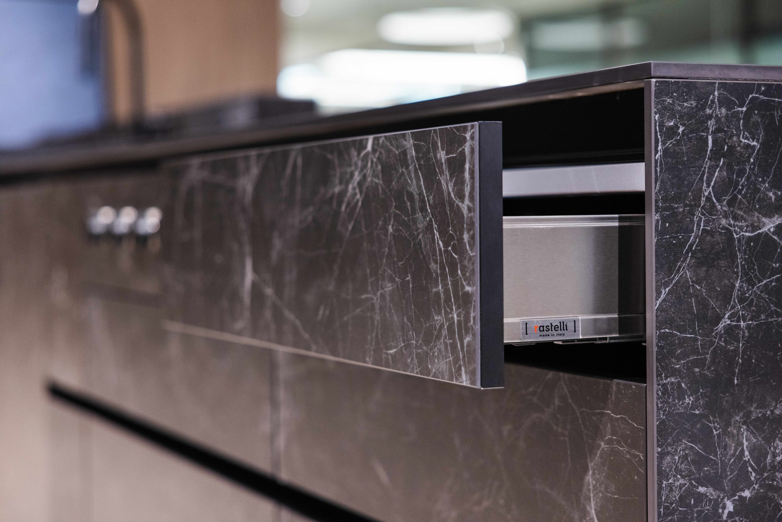 Renzo Rastelli Los Angeles showroom, a kitchen collection vignette, lighting detail.